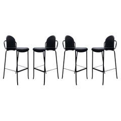 Vintage Four Willy Rizzo Style Black Leather Tubular Cidue Barstools Mid-Century Modern