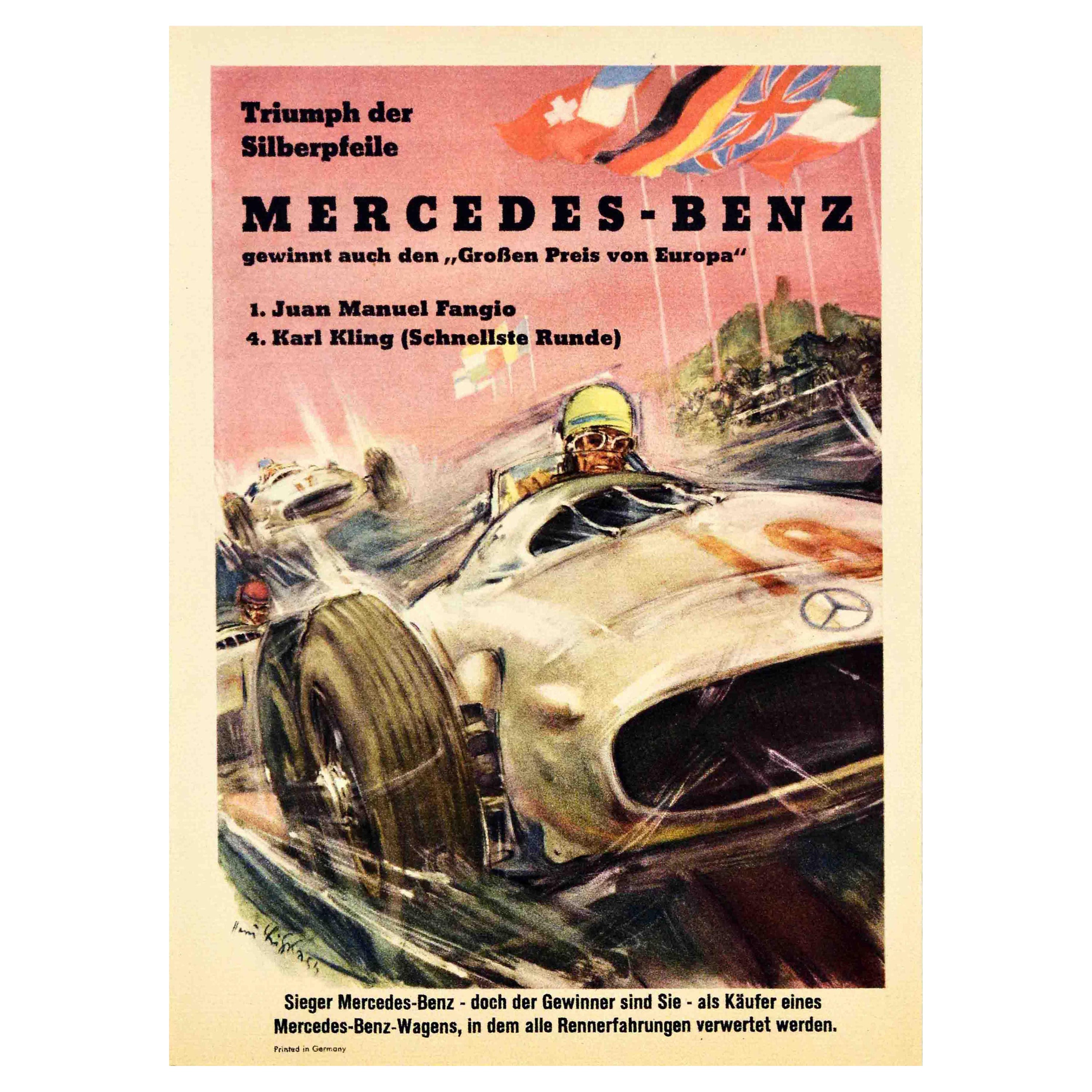Original Vintage Motor Sport Poster Mercedes Benz Silberpfeile Silver Arrow Art For Sale