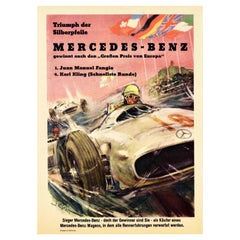 Original Vintage Motor Sport Poster Mercedes Benz Silberpfeile Silver Arrow Art