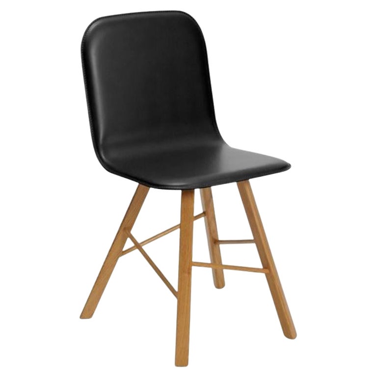 Tria Simple Chair Upholstered, Black Leather, Natural Oak Legs by Colé Italia For Sale