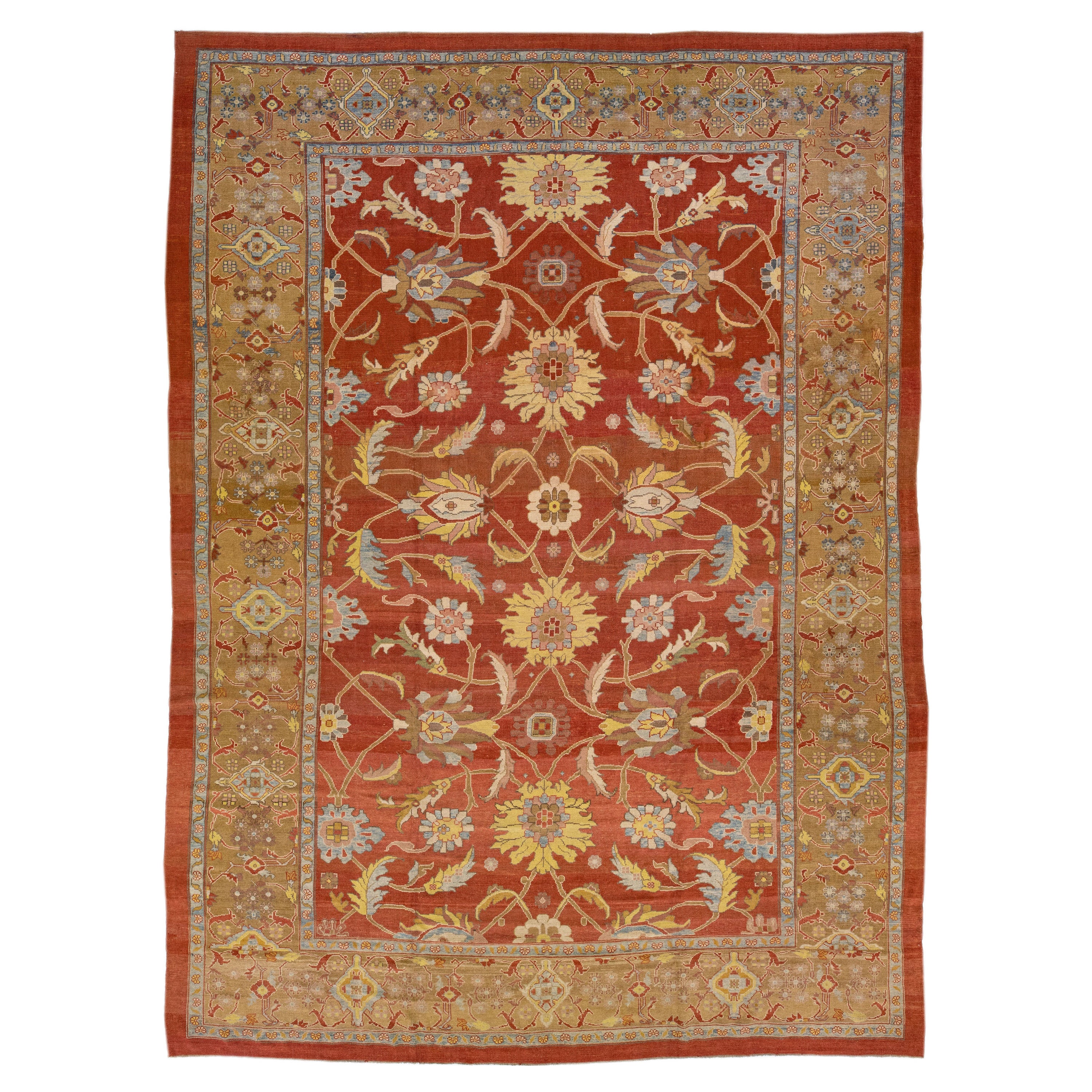Modern Floral Sultanabad Handmade Persian Wool Rug in Red-Rust Color 