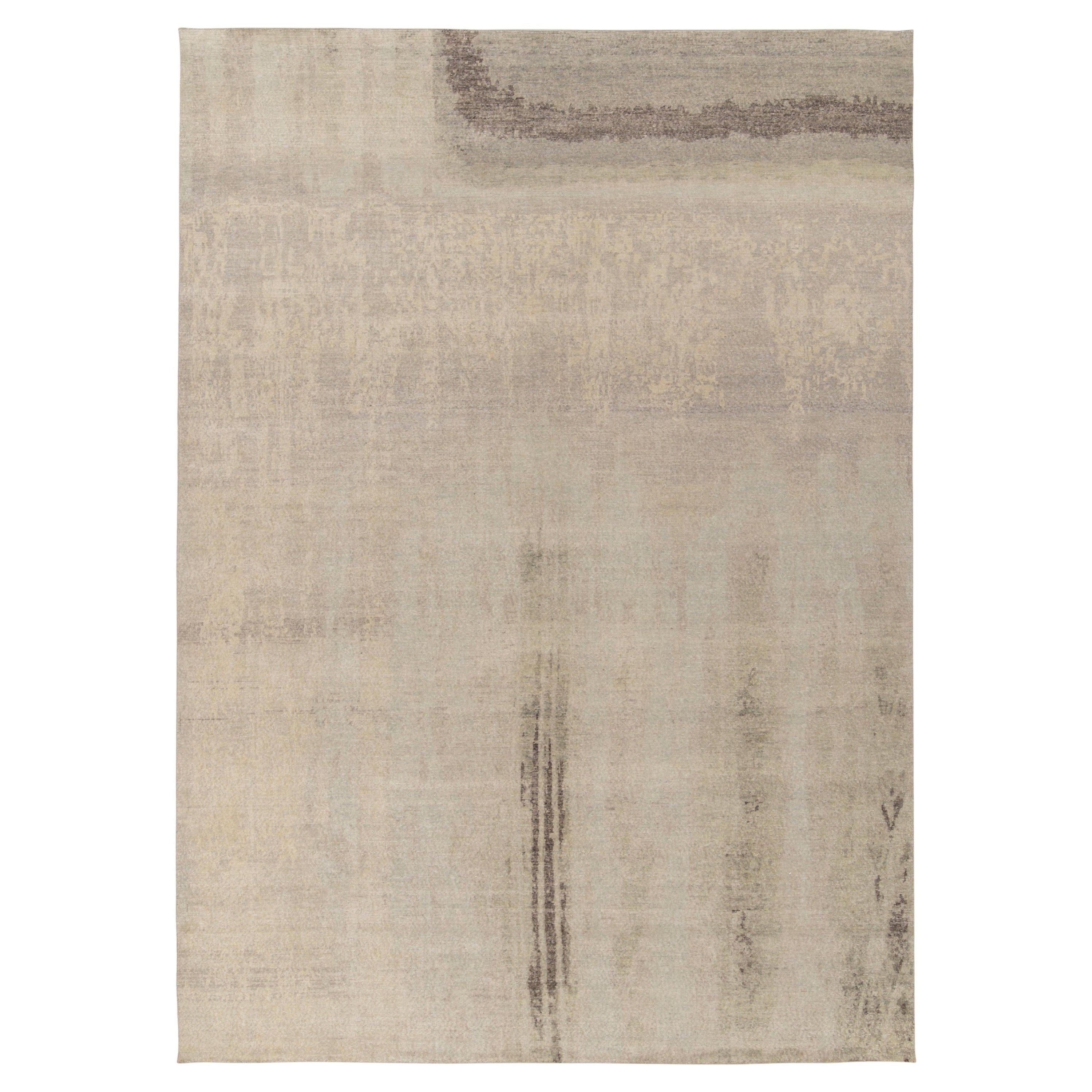 Rug & Kilim's Hand-Knotted Distressed Style Abstract Rug in Beige, Grey Pattern For Sale
