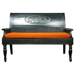 Painted Black Bench with Carved Dog Hunting Group
