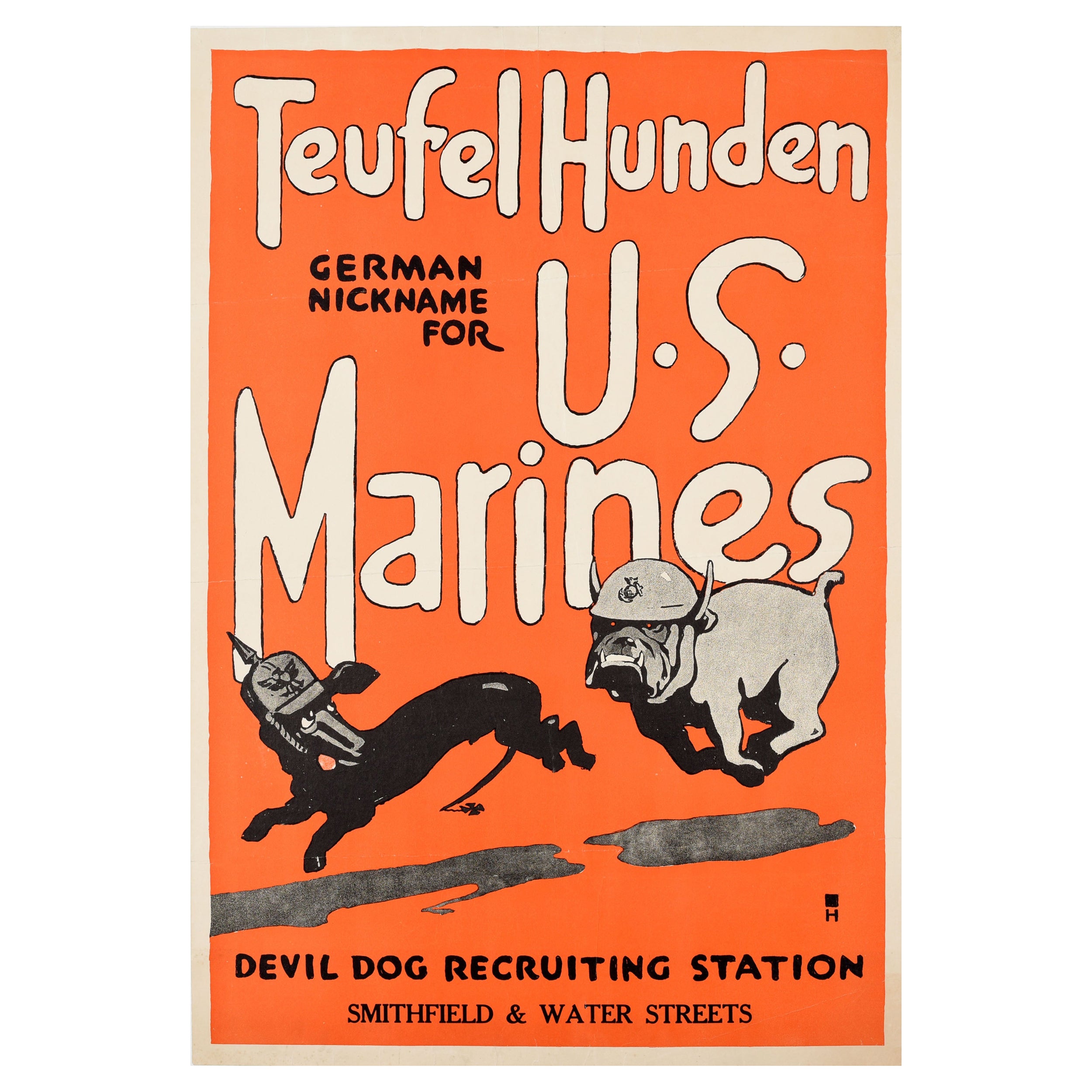 Original Antique War Recruitment Poster Teufel Hunden US Marines WWI Devil Dog For Sale