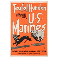 Original Antique War Recruitment Poster Teufel Hunden US Marines WWI Devil Dog (Affiche de recrutement pour la guerre)