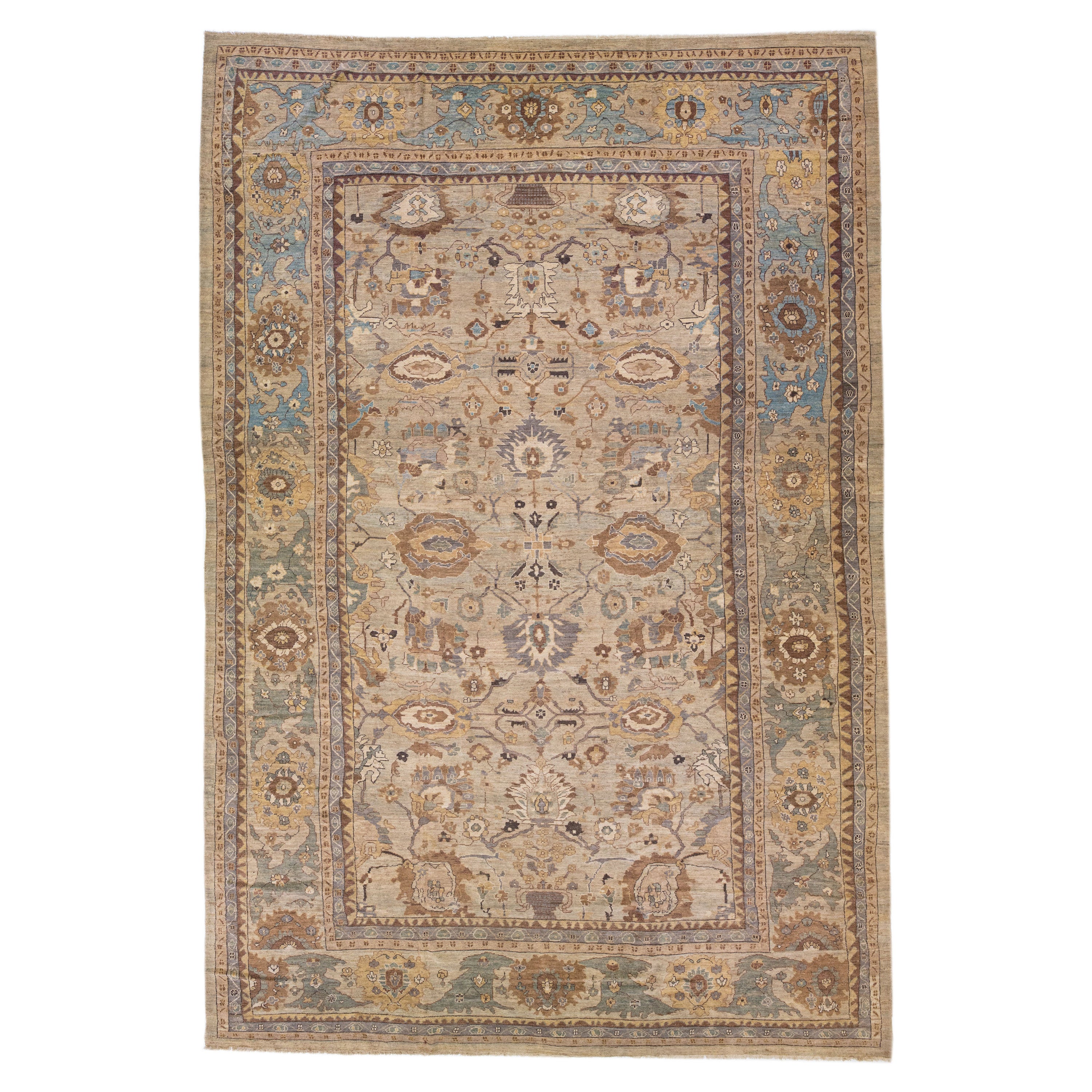Light Brown Modern Sultanabad Handmade Persian Wool Rug with Floral Motif For Sale