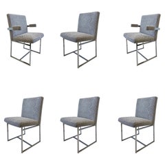 Set of Six Chrome and off White Velvet Dining Chairs by Milo Baughman 