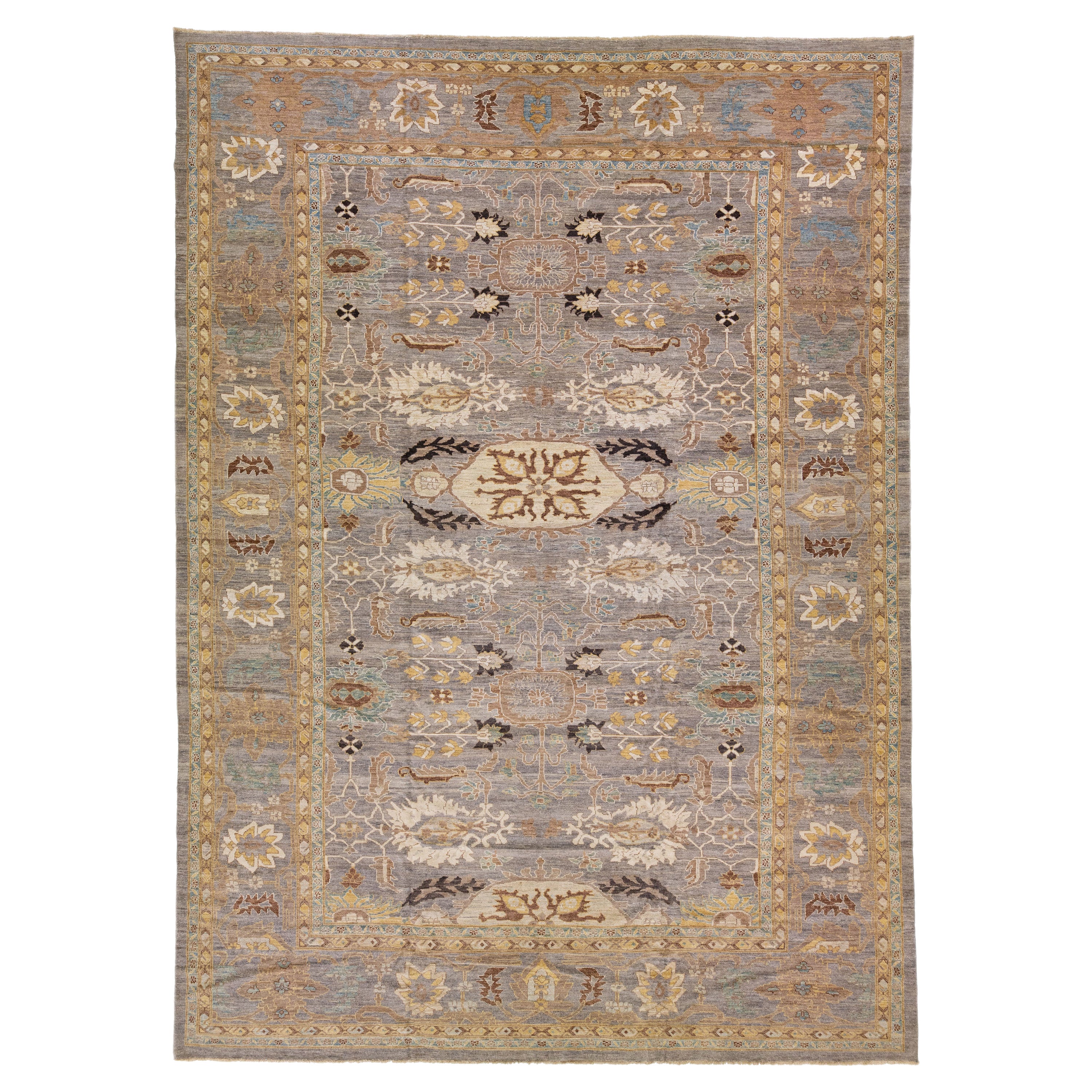 Gray Modern Sultanabad Handmade Persian Wool Rug with Allover Motif