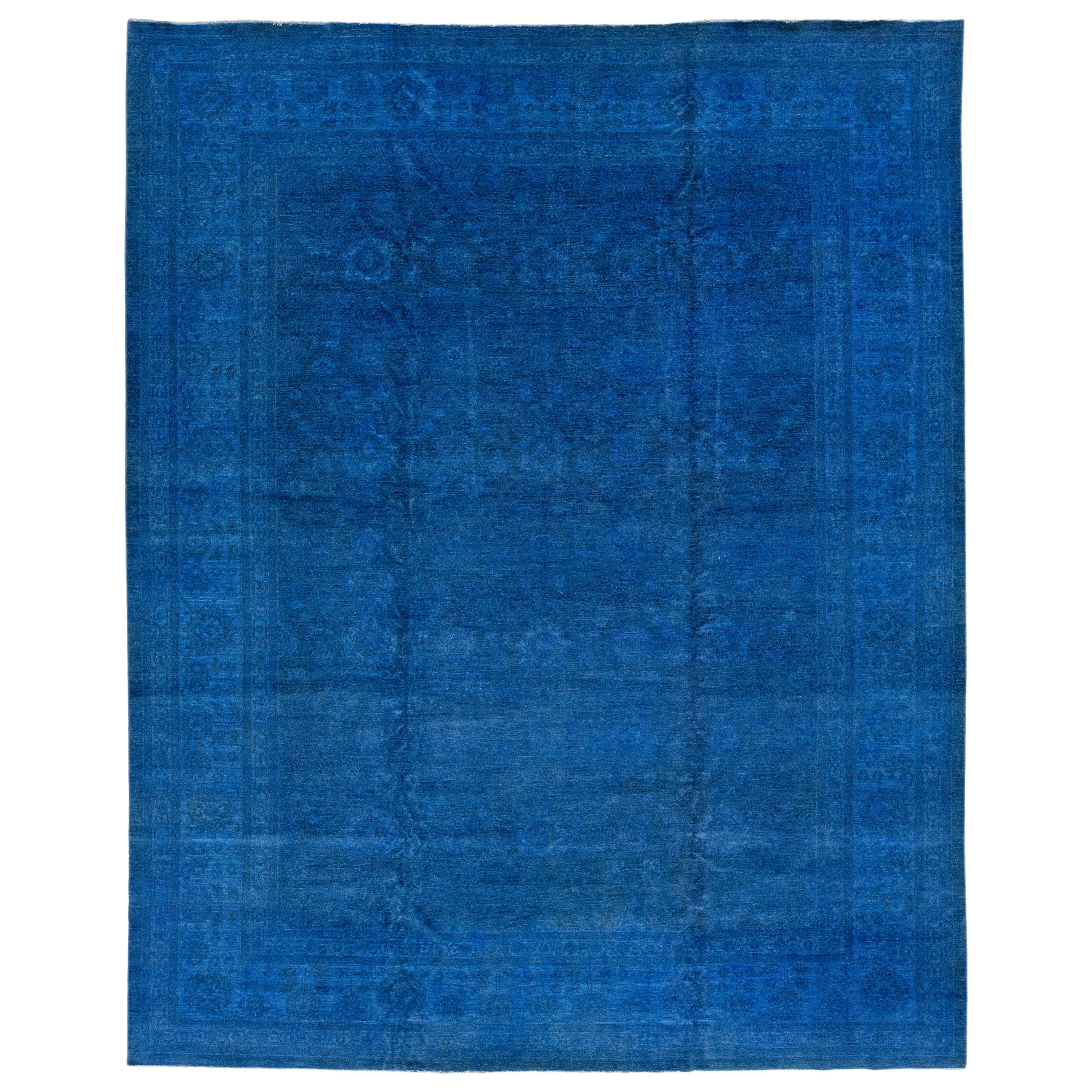 Blue Modern Peshawar Overdyed Handmade Indian Wool Rug For Sale