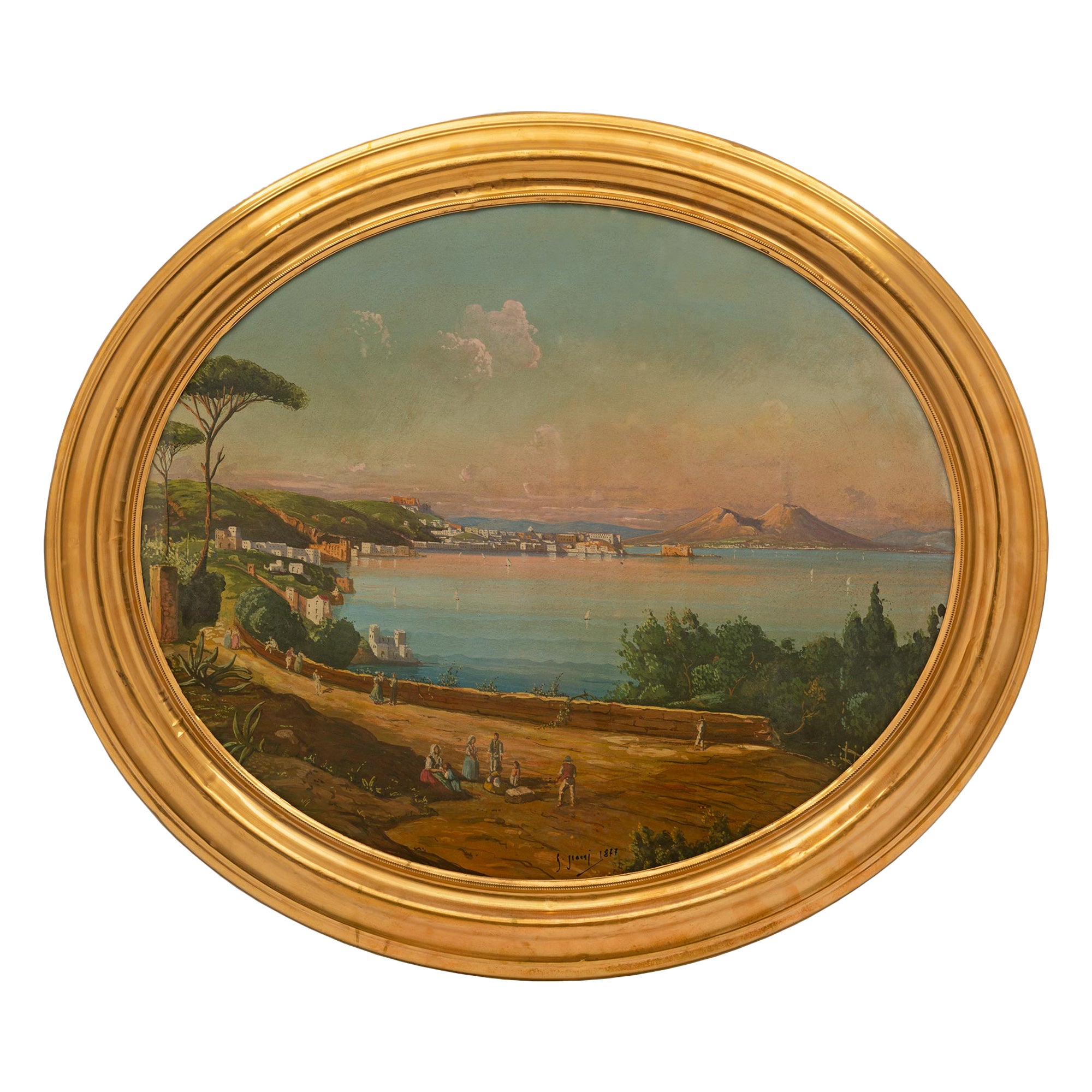 Italian 19th Century Gouache Set in Its Original Ormolu Frame For Sale