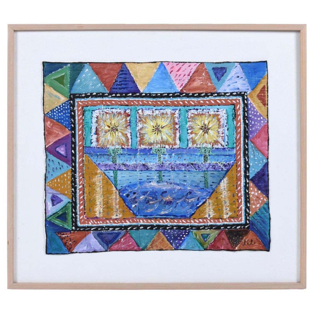 Contemporary Framed Quilted Textile Art Painting on Canvas