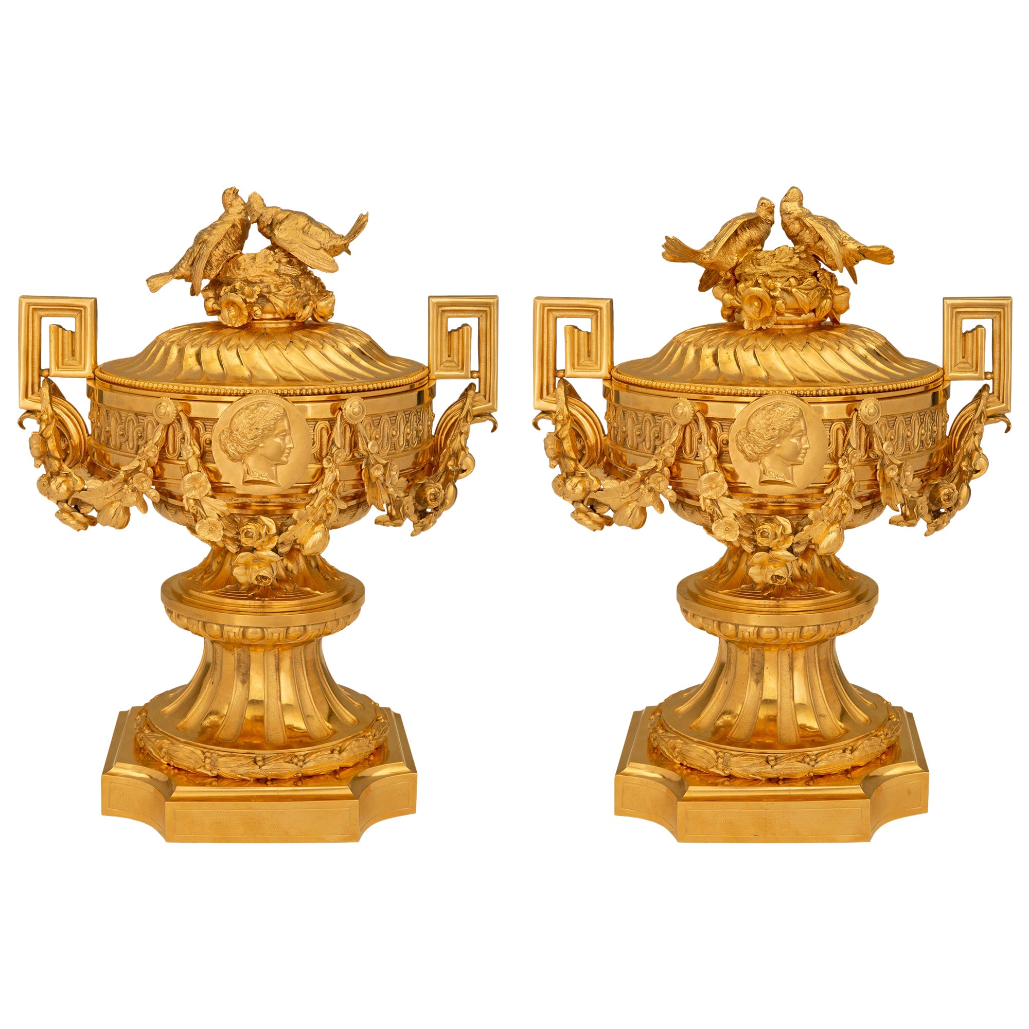 Pair of French 19th Century Napoleon III Period Ormolu Lidded Urns For Sale