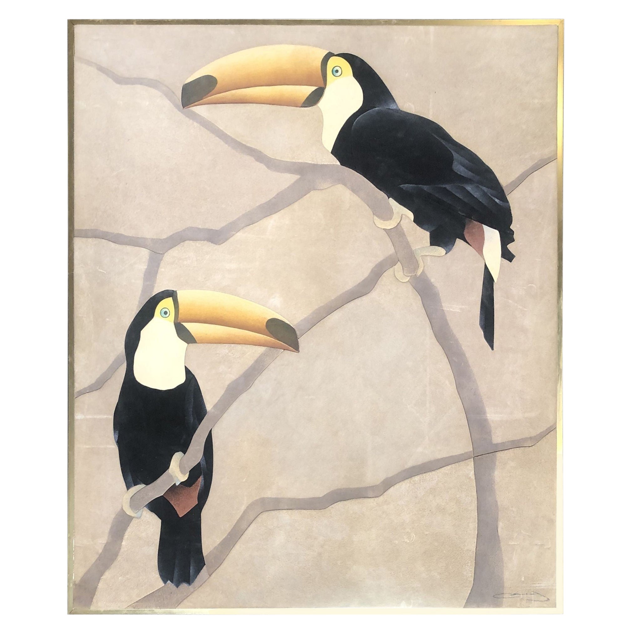 Large Suede Tropical Toucan Suede Wall Art, Signed For Sale
