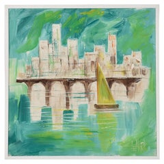 Pintura náutica de mediados de siglo en azul aguamarina, blanco y verde