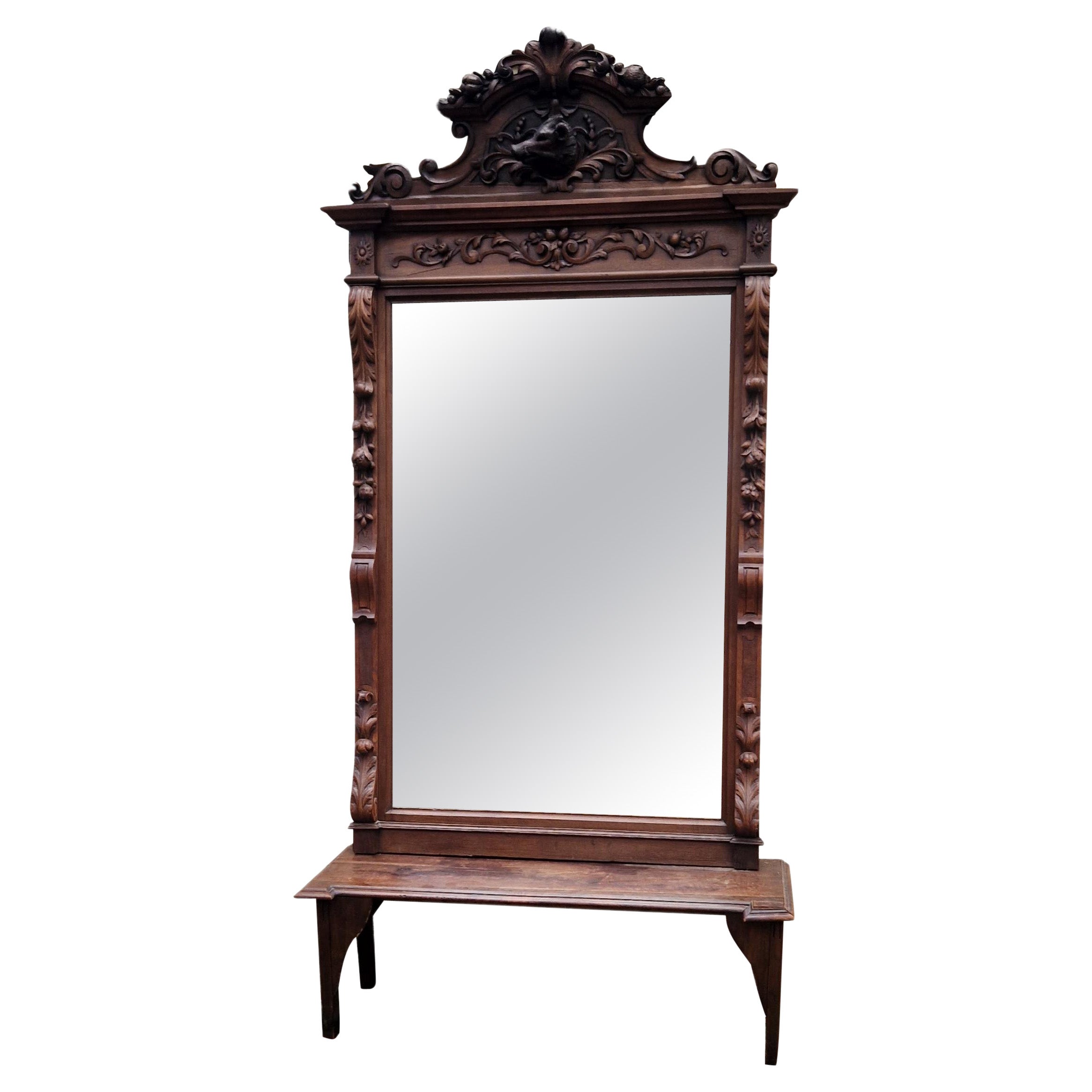 Absolutely Fantastic 19th Century Italian Mirror Heavily carved in Walnut


Hand Carved Surround

Boar Central Crest

Carvings of Flowers, Berries & Foliage

Small Console Table Stand

Waxed Walnut

Original Back panel missing

19th Century

Sourced