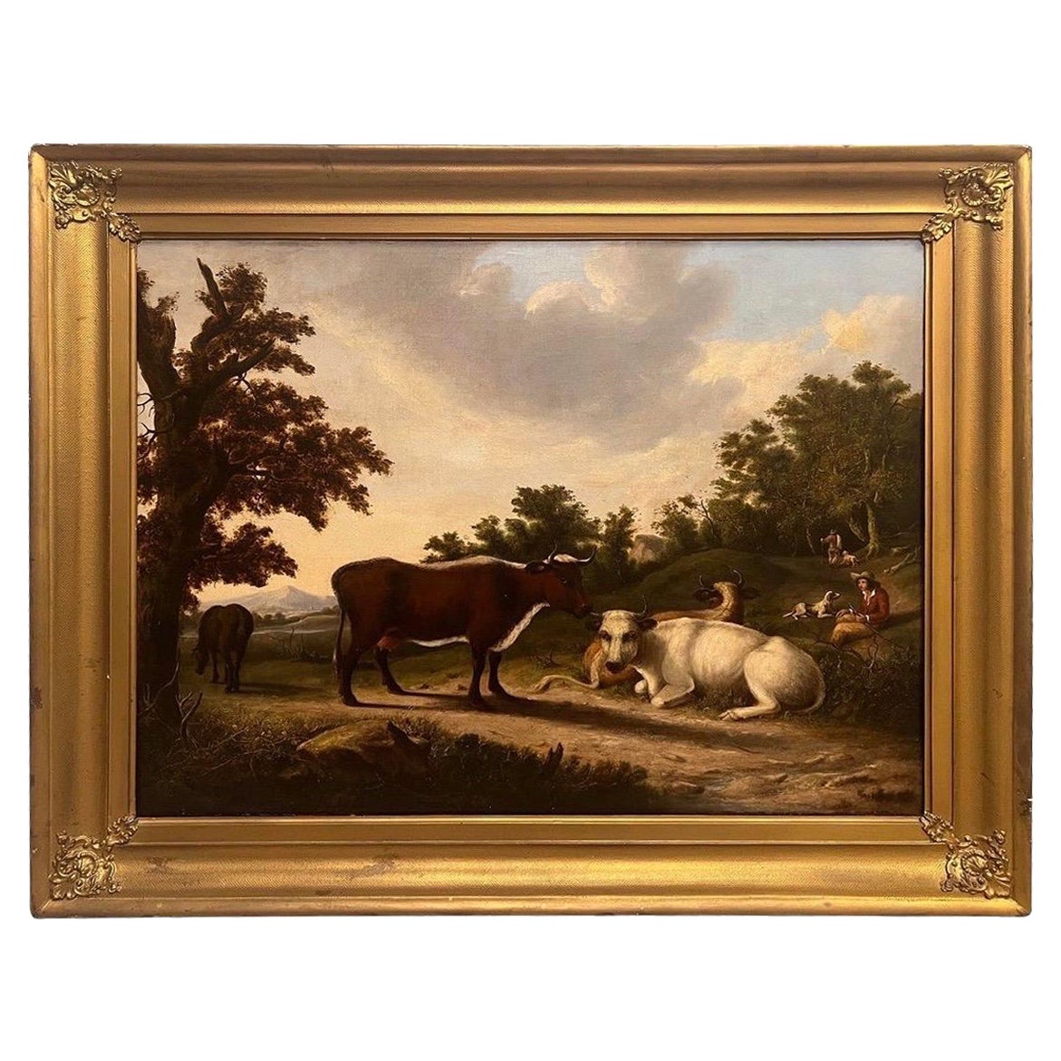 Grande peinture à l'huile de paysage bucolique de l'école anglaise du 19ème siècle