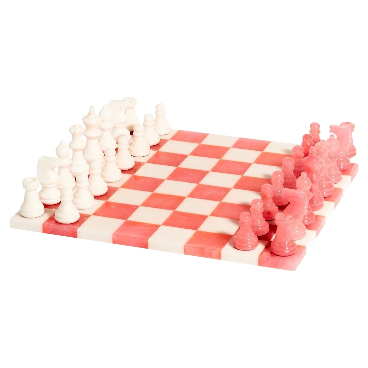 Grand jeu d'échecs italien en marbre d'albâtre rose/blanc en vente