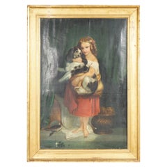 Antique Oil Painting Portrait of a Young Girl & Dog 19th C