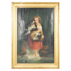 Antique Oil Painting Portrait of a Young Girl & Dog 19th C