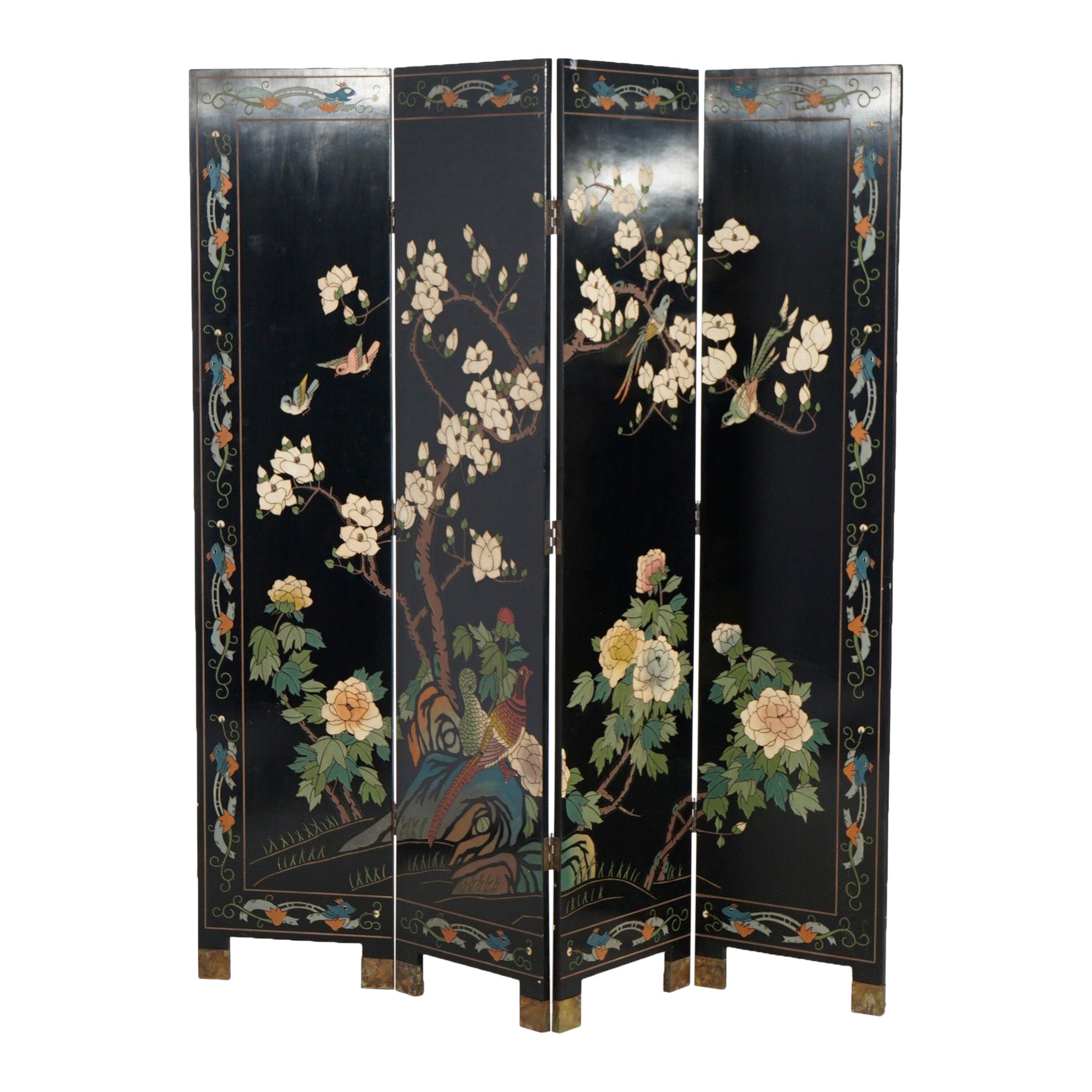 Chinese Black Lacquered Four-Panel Dressing Screen with Garden Scene, 20th C