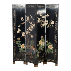 Vintage Chinese Black Lacquered Four-Panel Dressing Screen with Garden Scene, 20th C