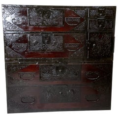 Japanese Meiji Two-Part Red Tansu Chest