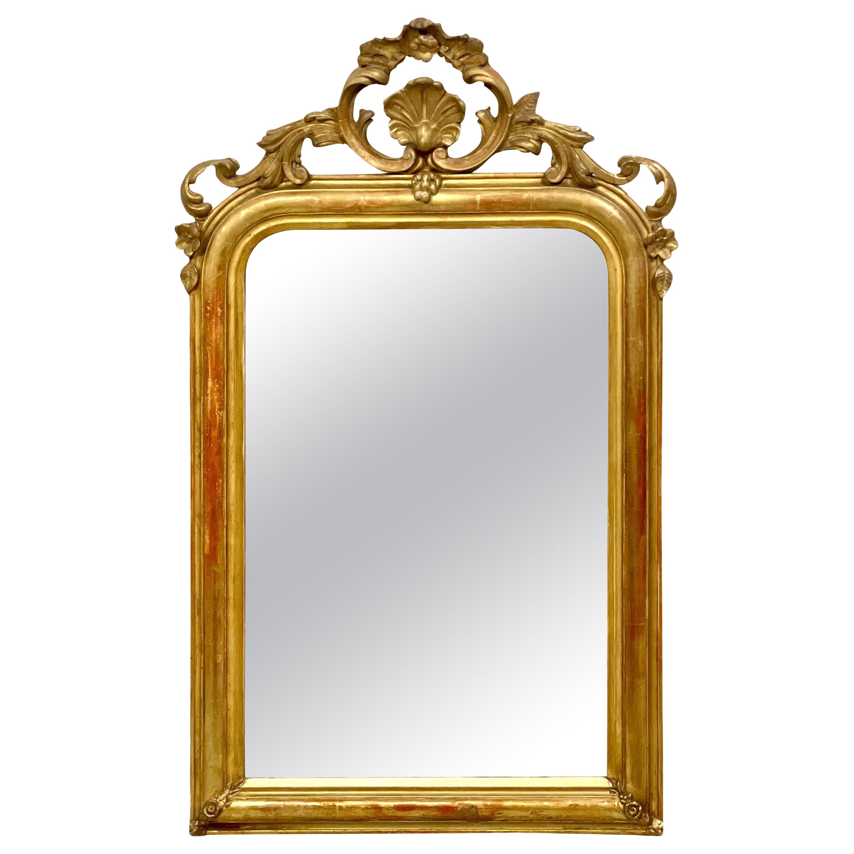 Large French Louis XV Mirror with Carved Wood and Gilded Frame For Sale