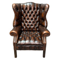 Chesterfield Vintage Brown Leather Wingback Georgian Armchair with Horse hair