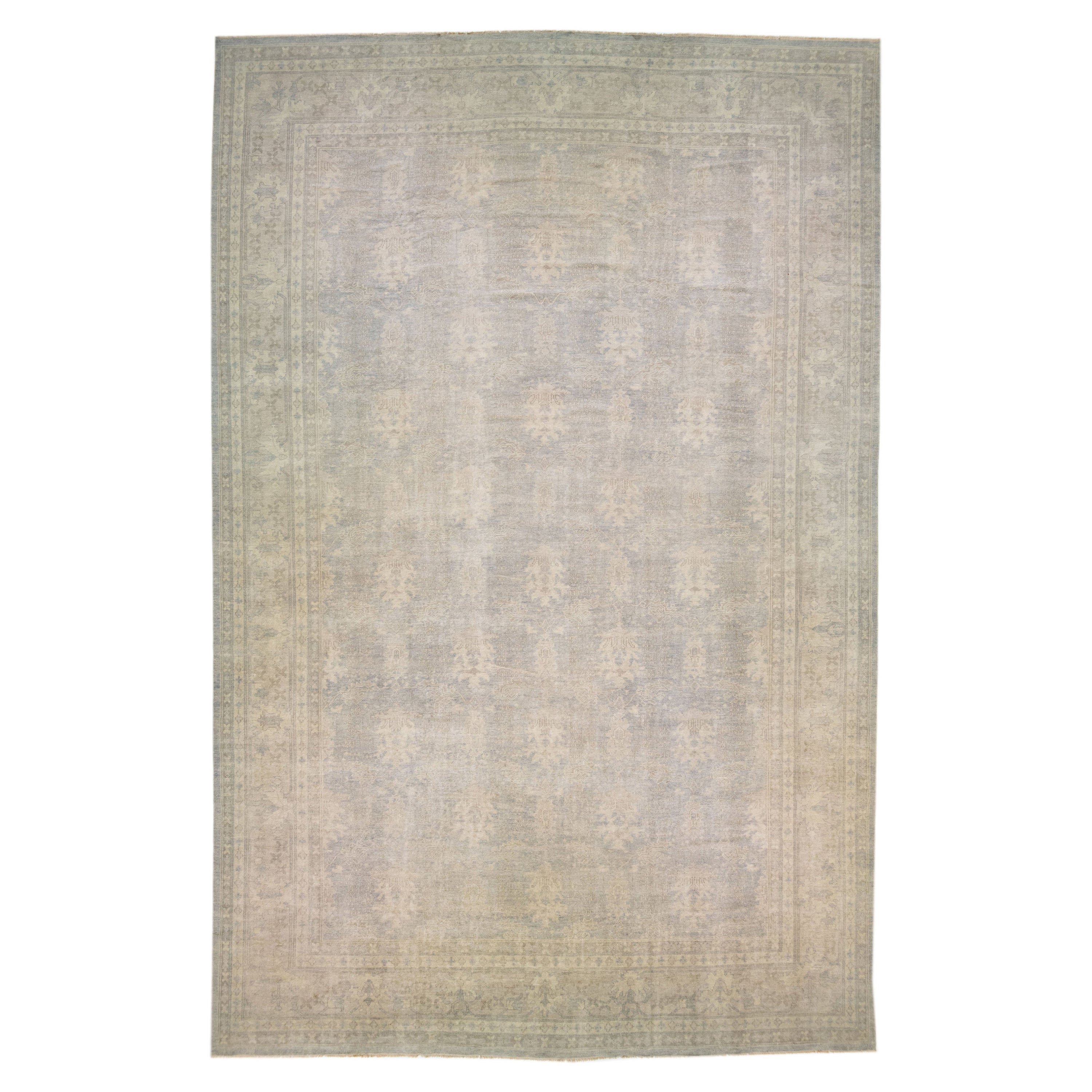 Gray Floral Handmade Modern Oushak Style Wool Rug For Sale