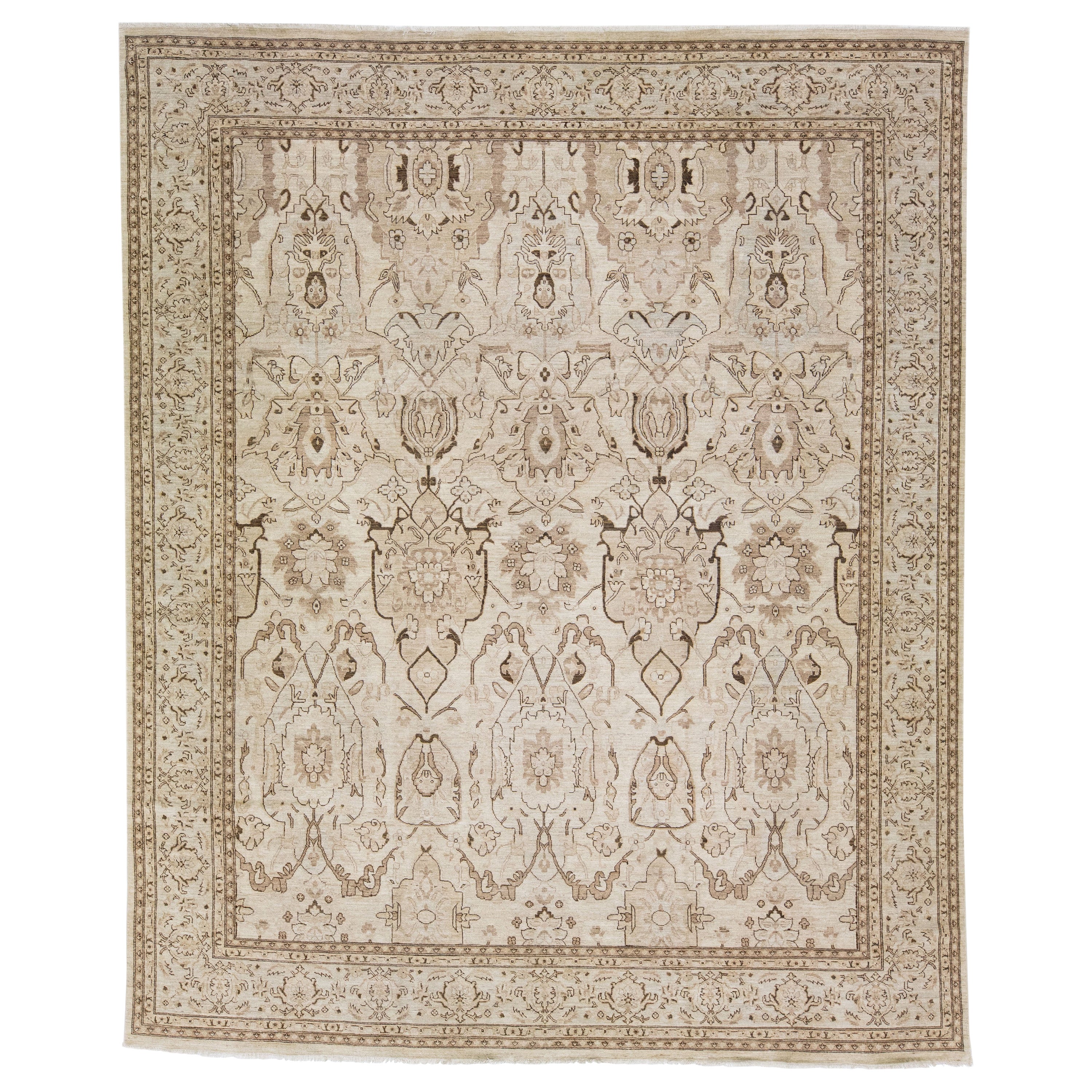 Modern Indian Agra Handmade Beige Wool Rug With Allover Pattern  For Sale