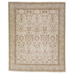 Tapis indien moderne Agra en laine beige fait à la main avec motif sur toute sa surface 