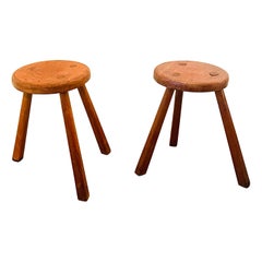 Set of 2 Hand-Crafted Solid Oak Brutalist Charlotte Perriand Style Stools