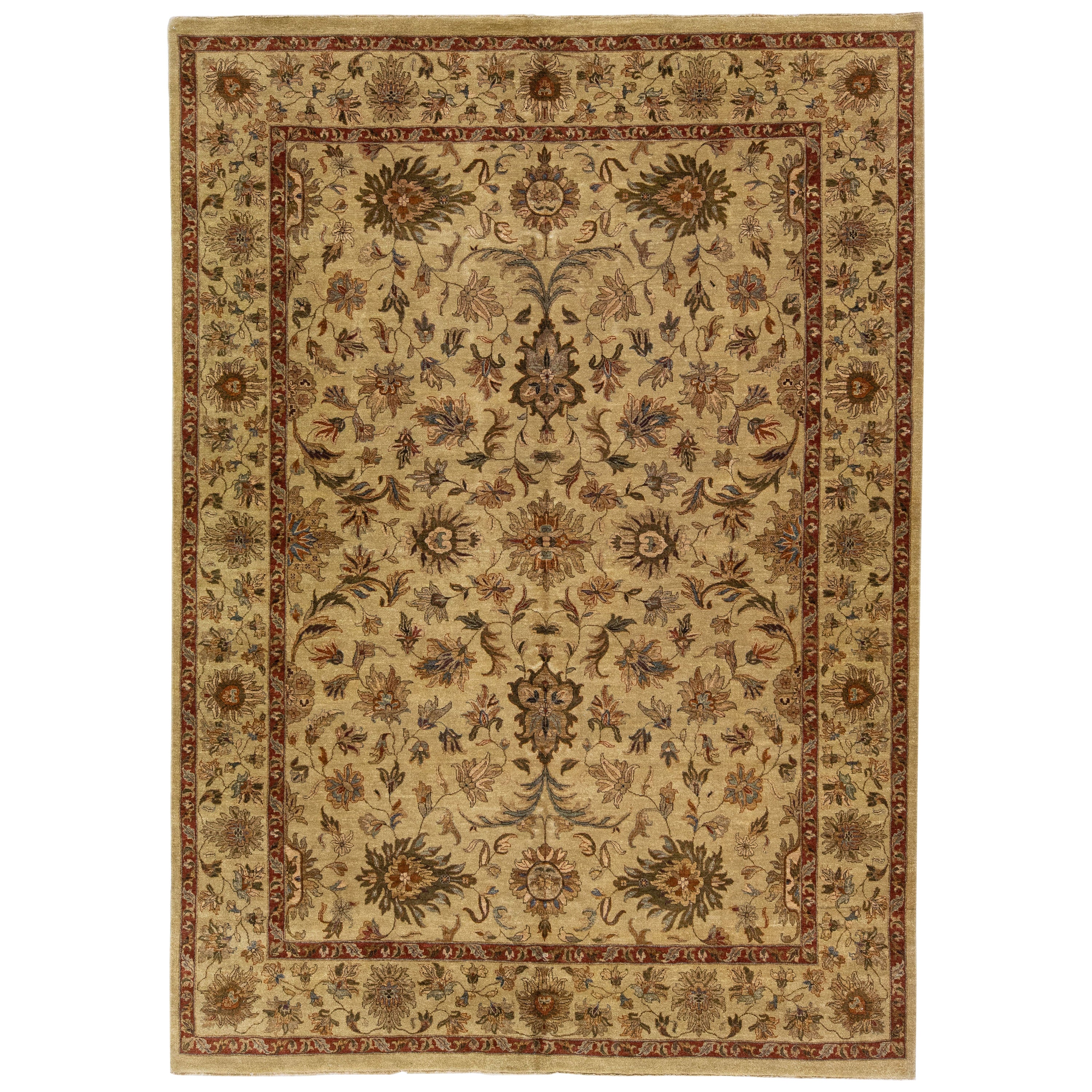 Contemporary Indian Handmade Floral Wool Rug In Tan Color For Sale