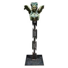Vintage Sensational Greek Sphinx Verdigris Sculpture Female Bronze and Forged Steel