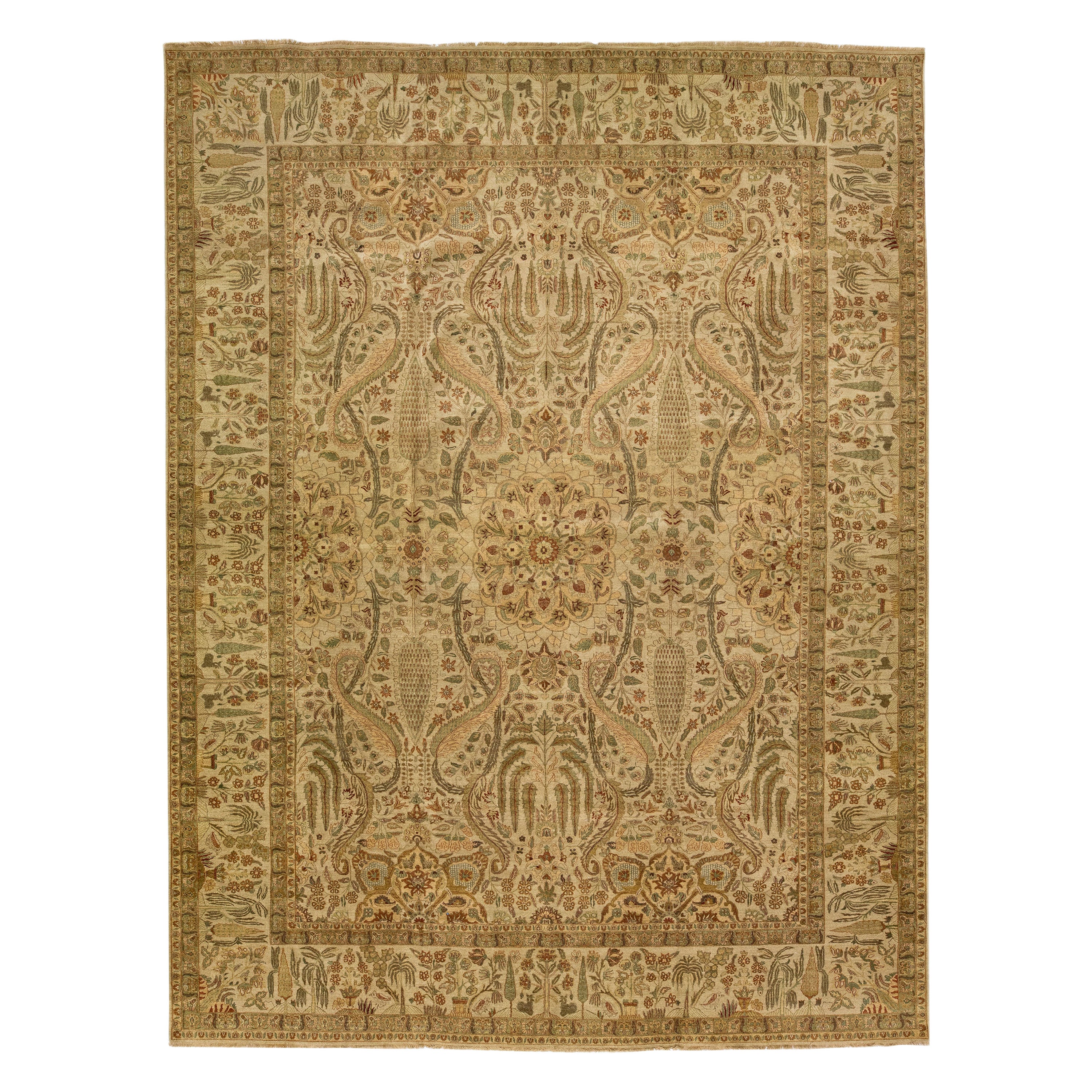 Tan Modern Indian Handmade Wool Rug With Allover Floral Motif 