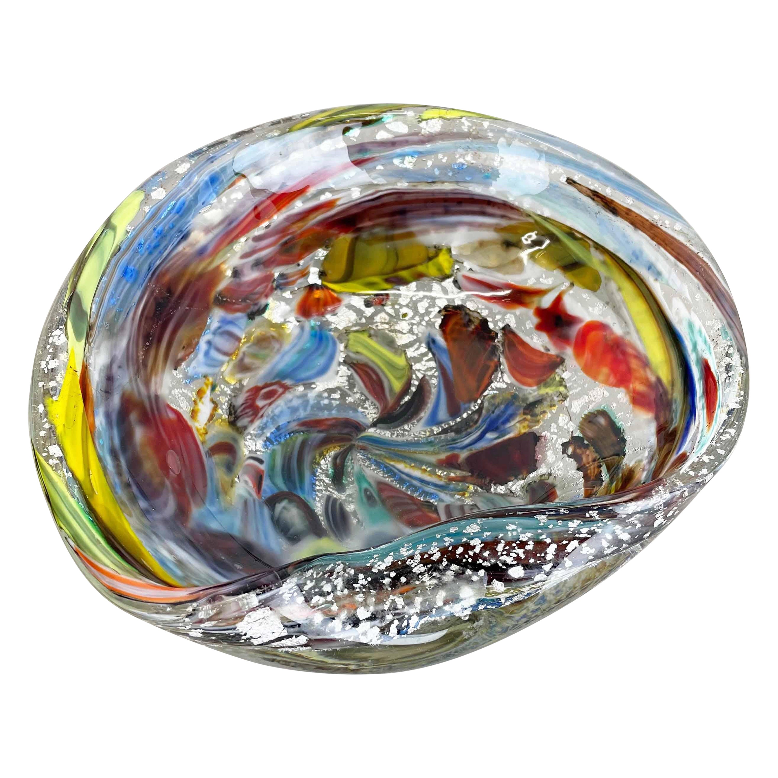 1, 1 kg Murano Glass Bowl silver Flakes Shell Ashtray by Dino Martens Italy 1960s