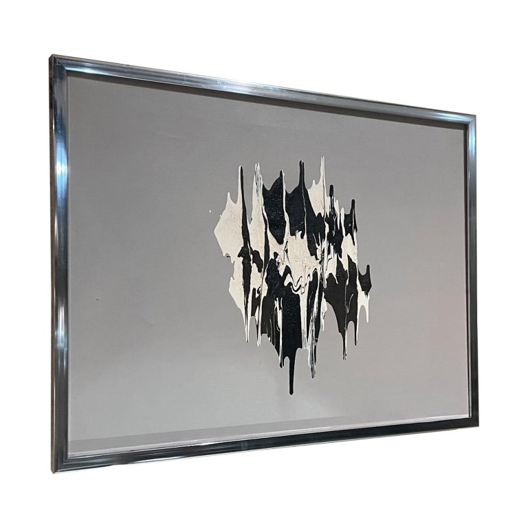 1980s Modern Art Abstract Oil Painting on Canvas Black and White Gray