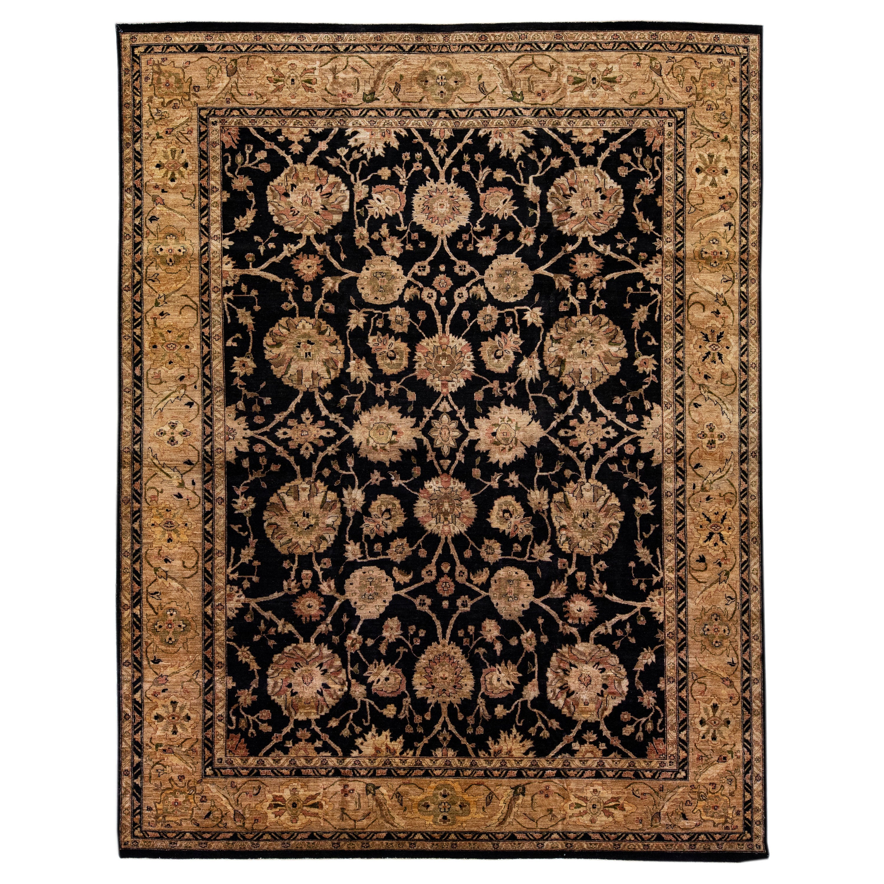 21st Century Peshawar Handmade Floral Wool Rug with Black Field  For Sale