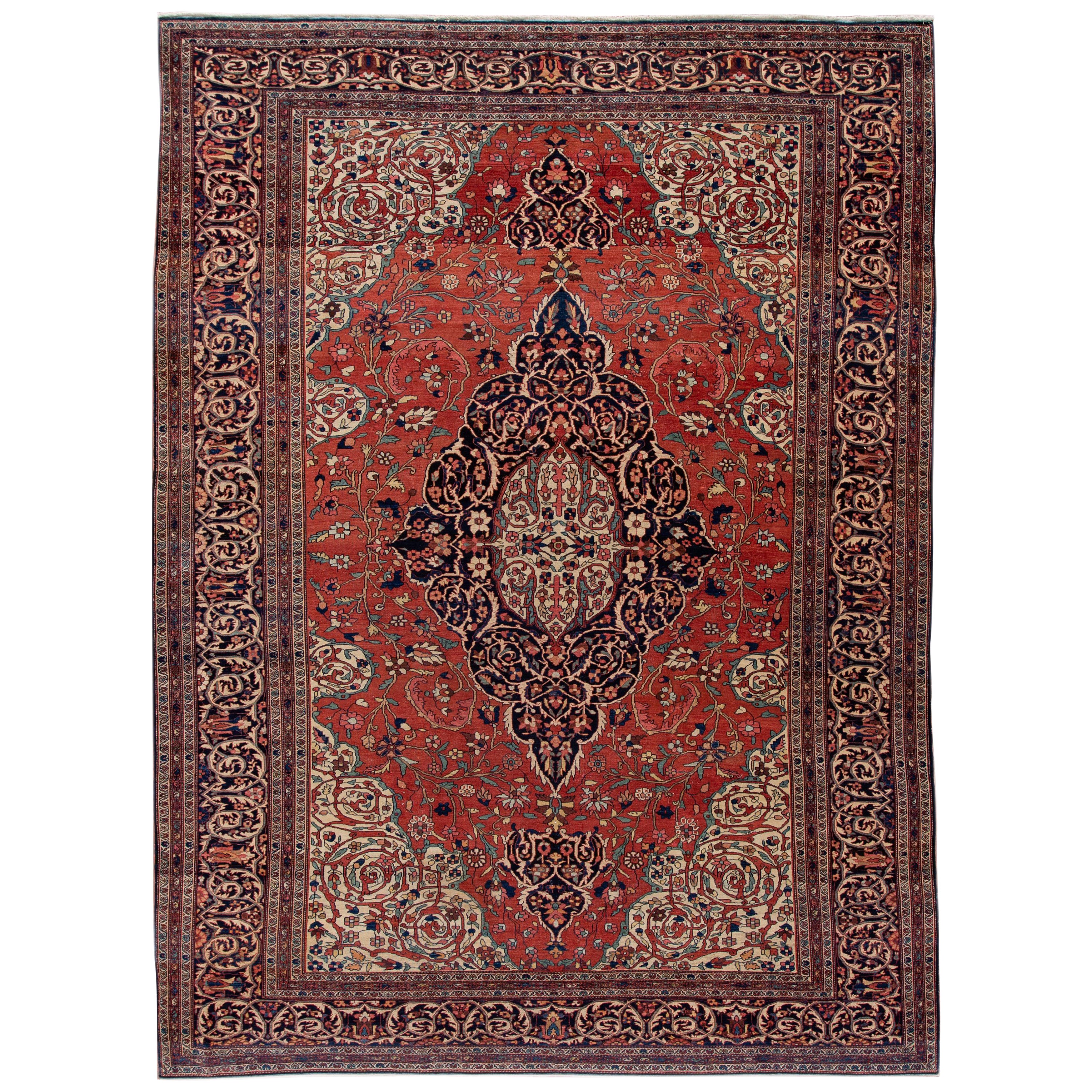 Antique Red Sarouk Farahan Persian Room Size Wool Rug With Medallion Motif For Sale