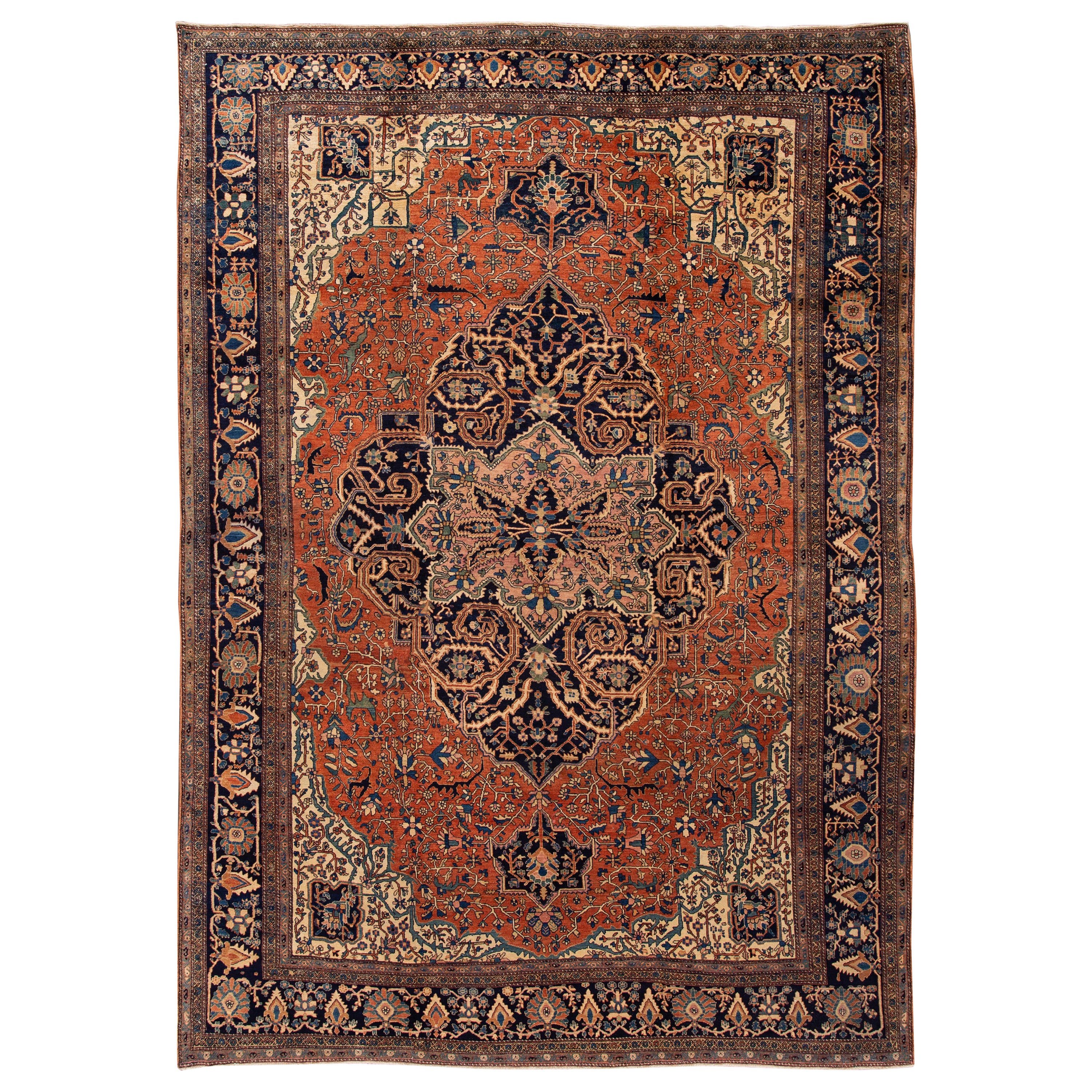 Tapis persan ancien en laine Sarouk Farahan à médaillons fait à la main, couleur rouille