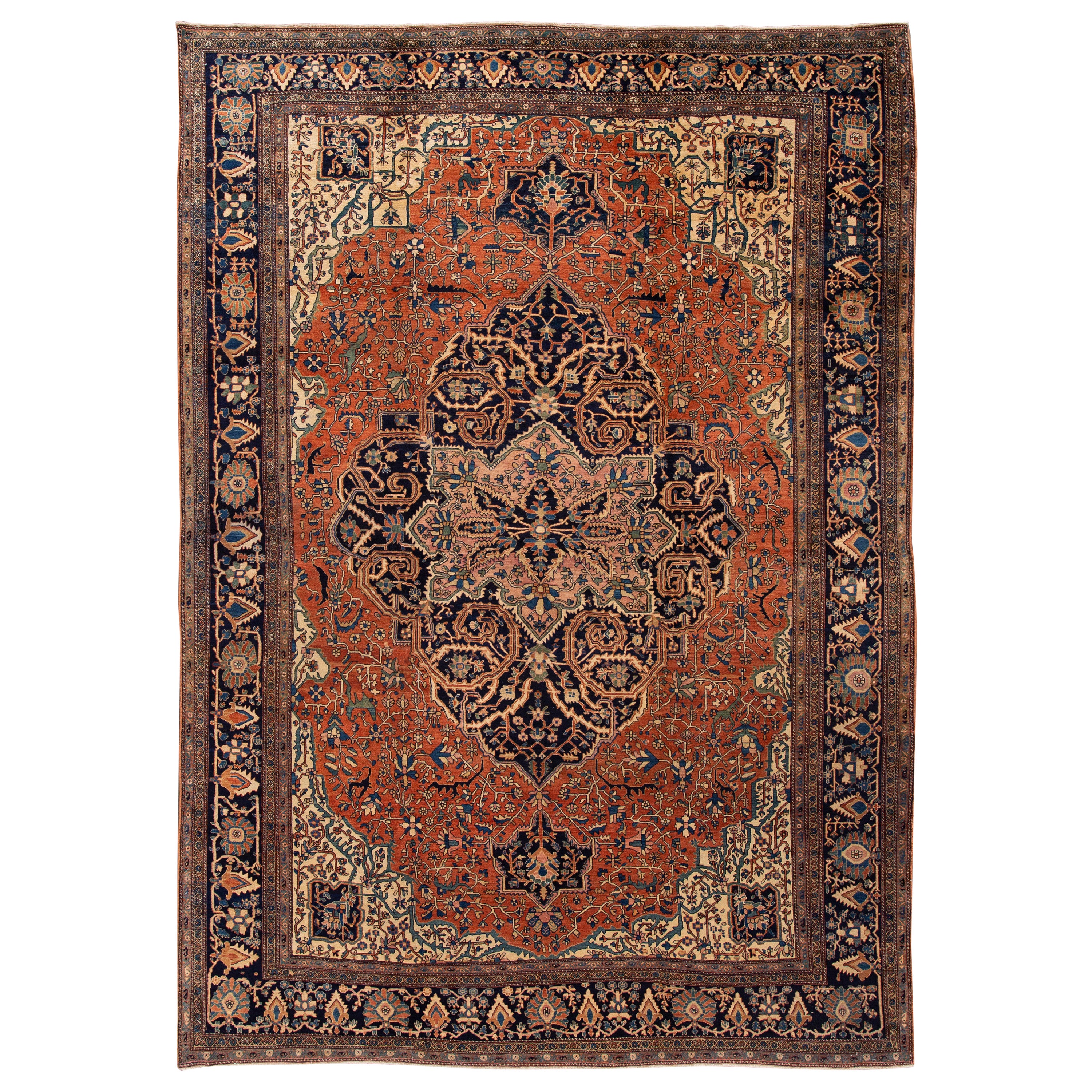 Rust Antique Persian Sarouk Farahan Handmade Medallion Wool Rugl Rug For Sale