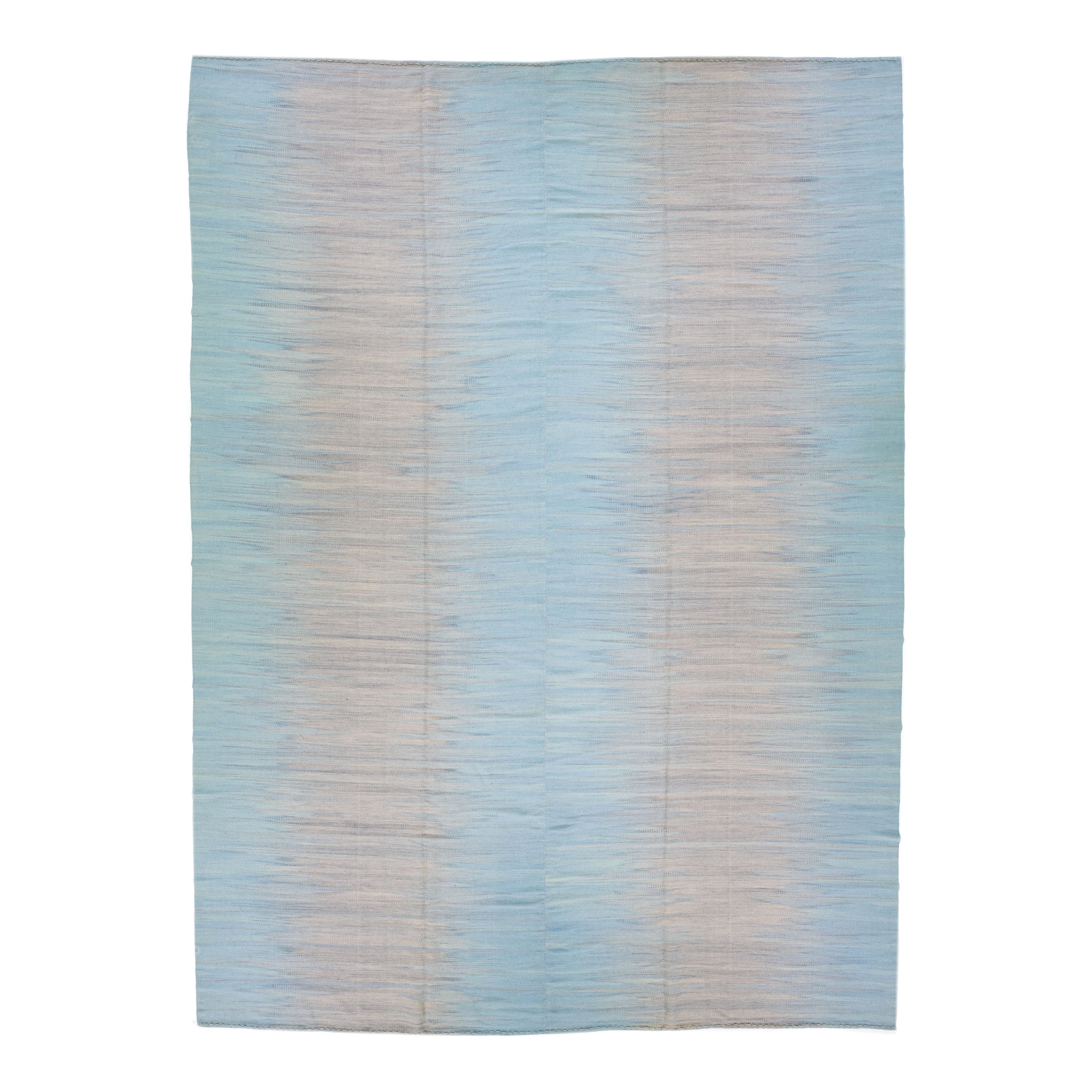 Light Blue Modern Turkish Kilim Flatweave Wool Rug with Beige Abstract Design For Sale