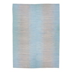 Light Blue Modern Turkish Kilim Flatweave Wool Rug with Beige Abstract Design