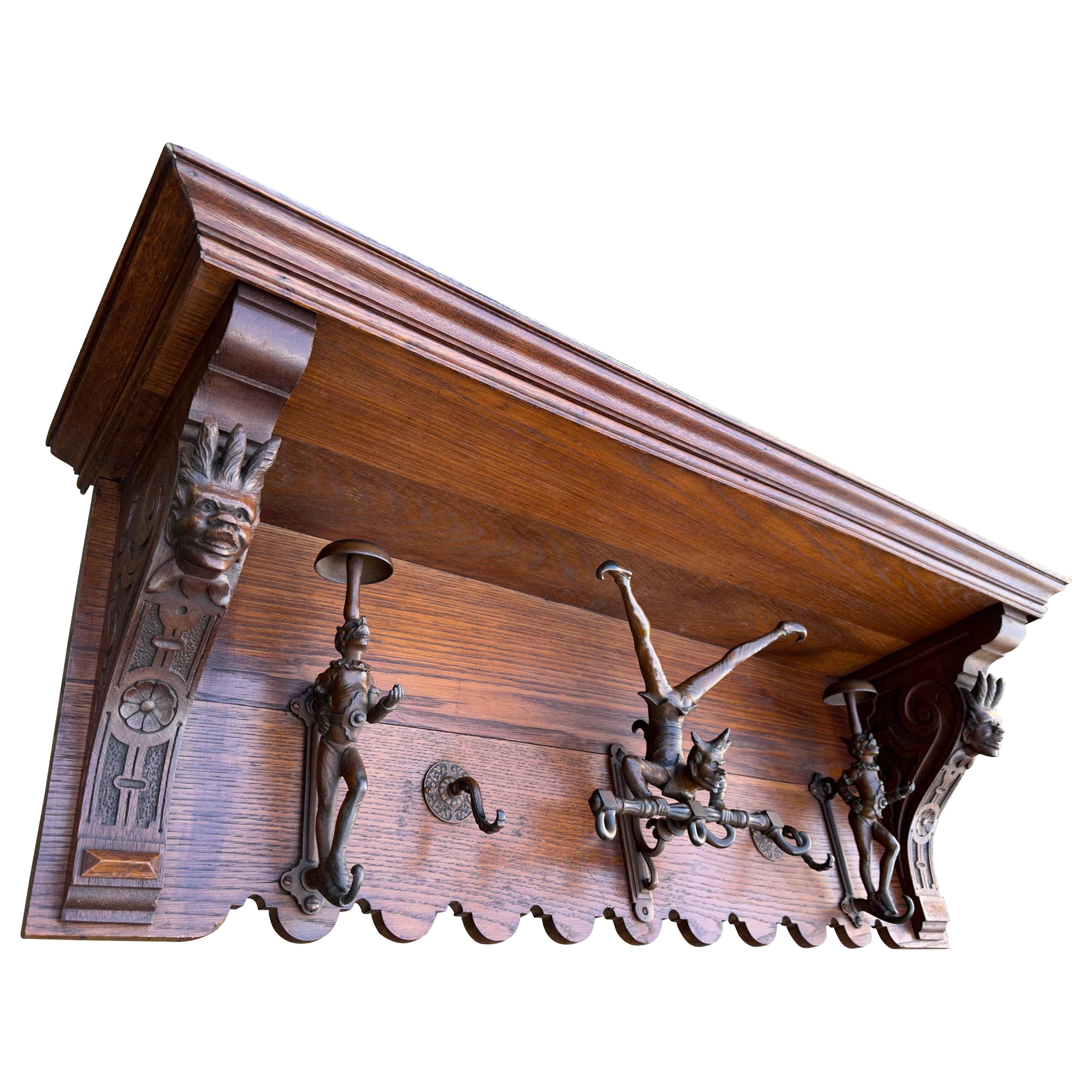 Very Rare Antique Oak Wall Coat Rack w. Acrobatic Jester Figure Hooks, Great Fun For Sale