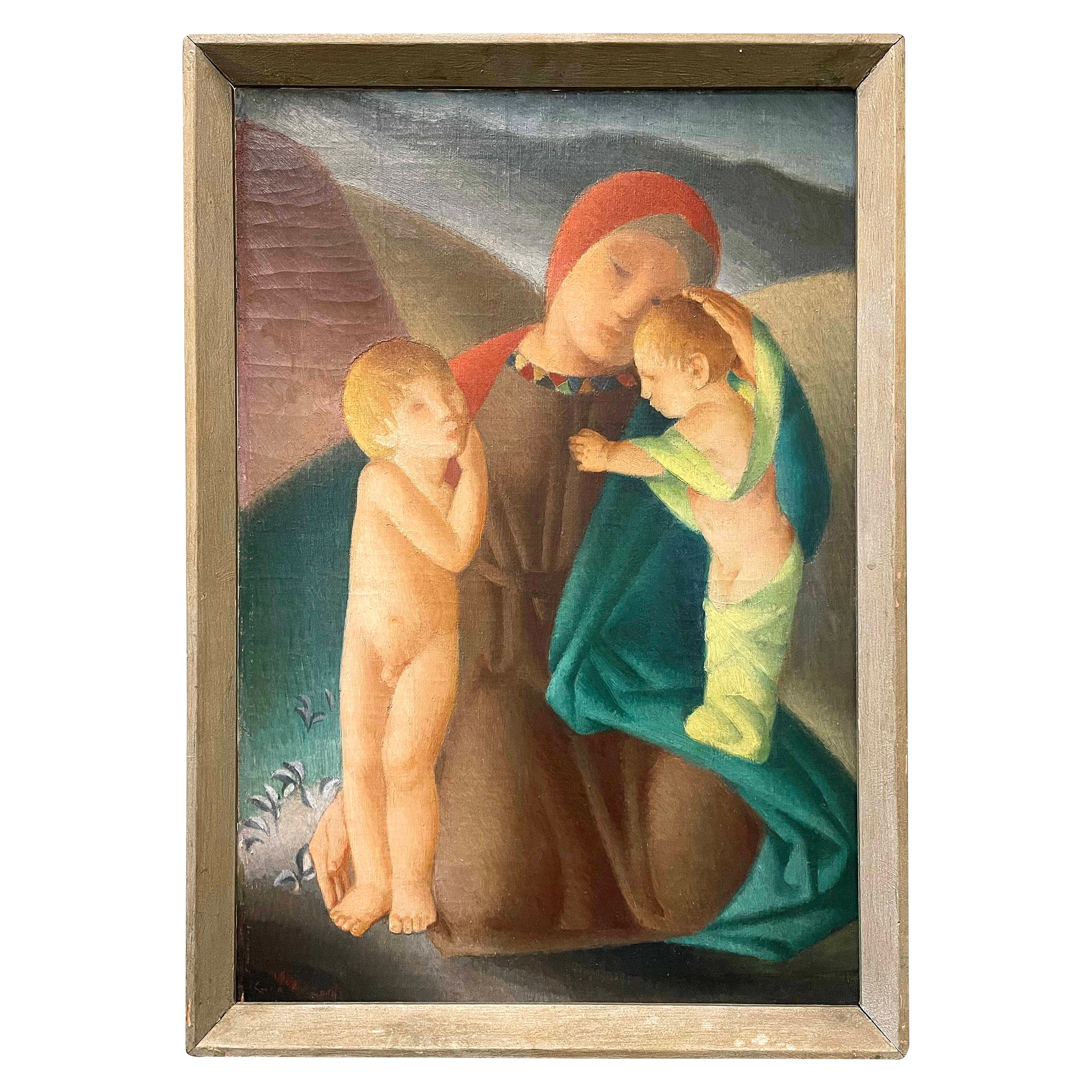 Magnifique peinture Art Déco des années 1930 avec mère et deux fils