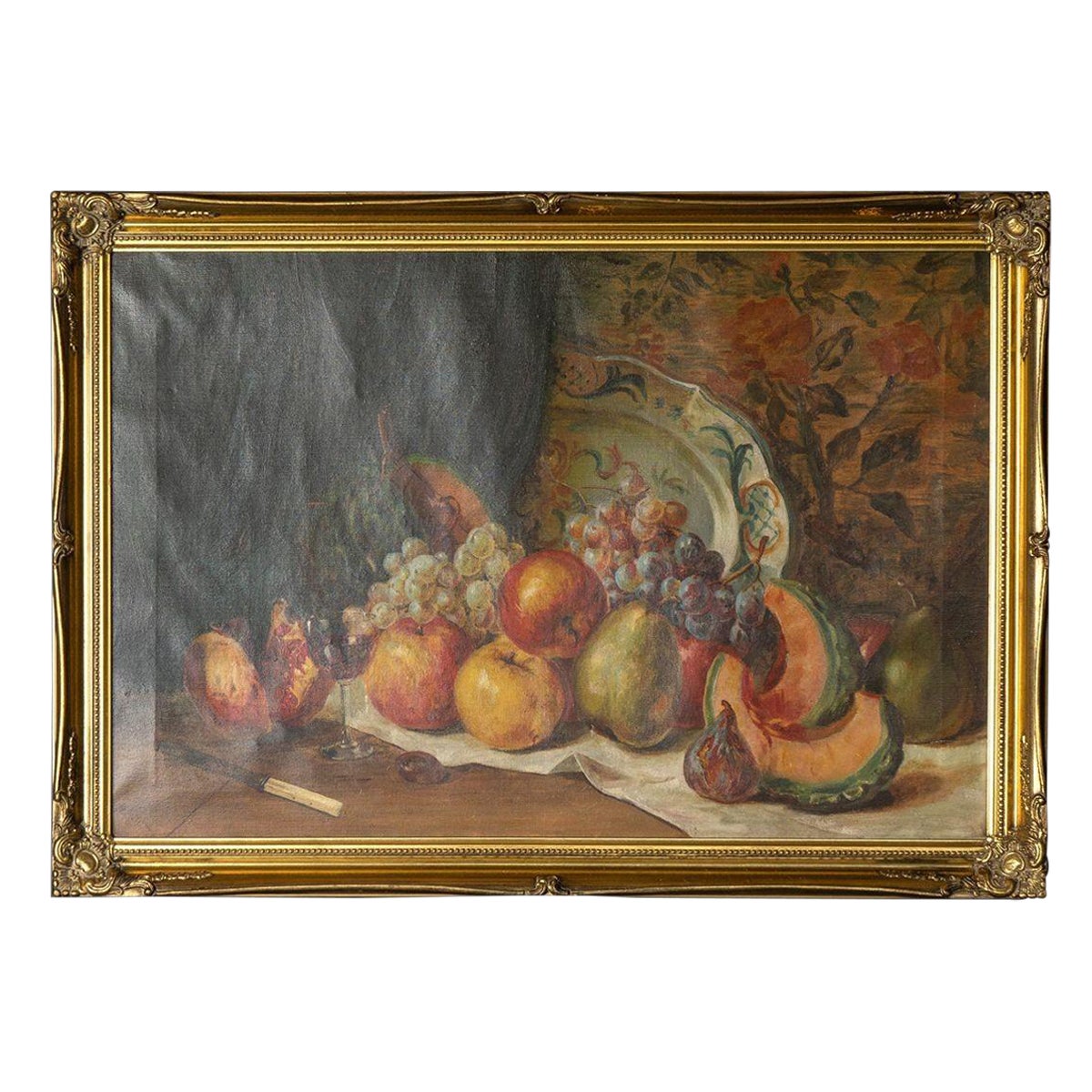 Large Antique Still Life Depicting Fruit and Dinnerware, 19th Century Original