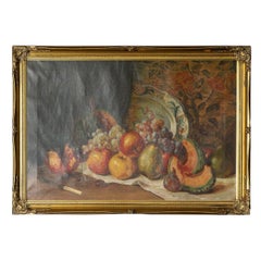 Large Antique Still Life Depicting Fruit and Dinnerware, 19th Century Original