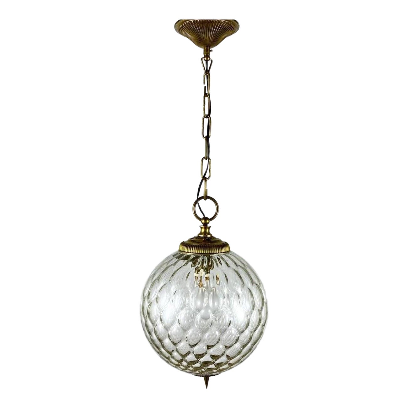 Vintage Chandelier or Lantern Gilt Brass and Textured Glass Suspended Lighting For Sale