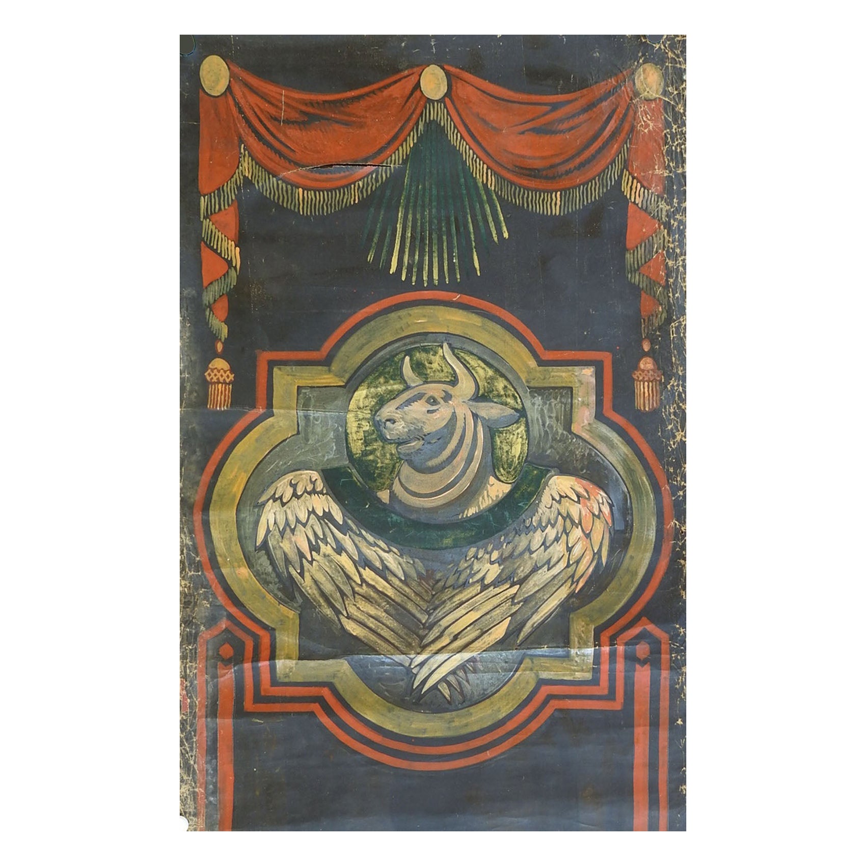 Vintage Distressed St. Luke Winged Ox Bull Quadrefoil Painting For Sale