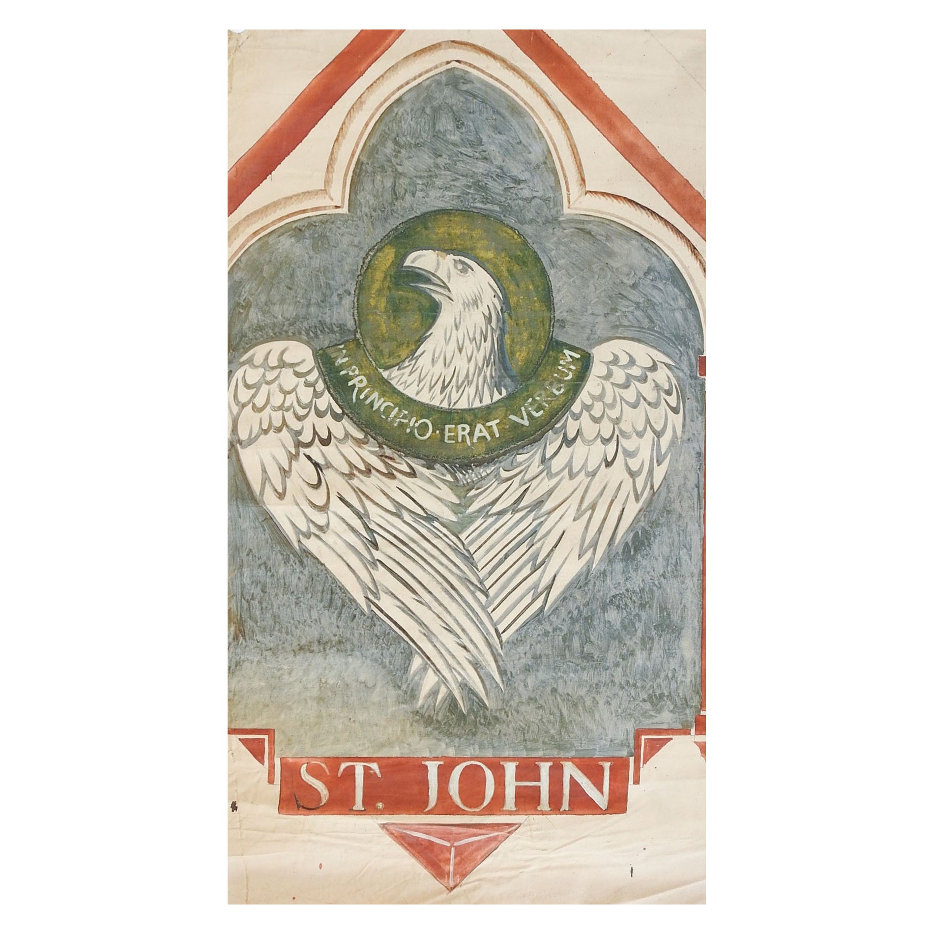 Vintage Distressed St. John Eagle Pointed Arch Painting at 1stDibs